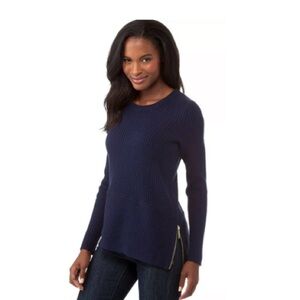 Michael Kors navy blue asymmetrical hem side zipper sweater